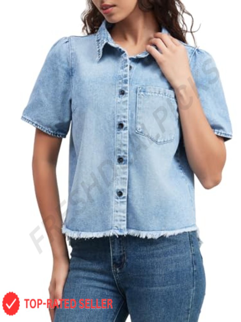 Short Sleeve Denim Button Down Shirt With Fringe Hem For Women